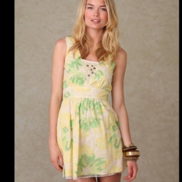 Vintage Free People Y2K Floral Boho Sleeveless Yellow Lace Dress Cottagecore - Picture 1 of 7